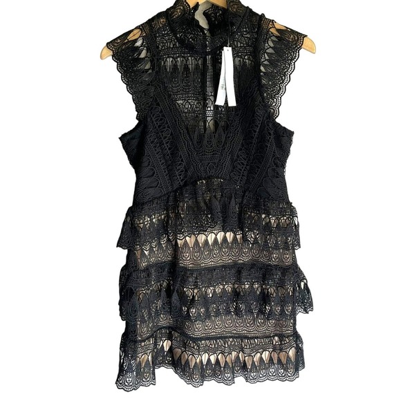 Aqua Dresses & Skirts - Aqua Womens Dress Mini Black Crochet Tiered High Neck Ruffles Sleeveless L NWT